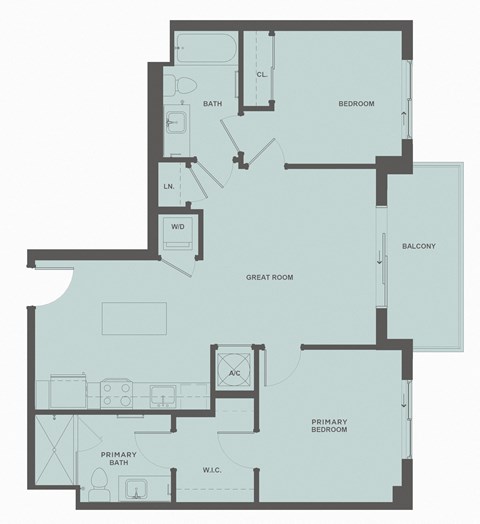 Floor plan for 2 beds, 2 baths, 939 sqft